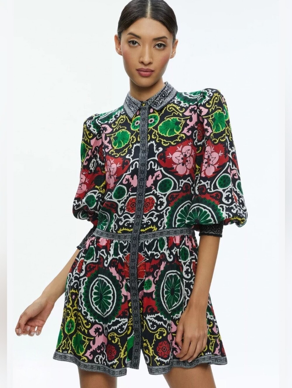 Alice + Olivia Bertha Mini Dress Size L Floral Scroll Print Cupro